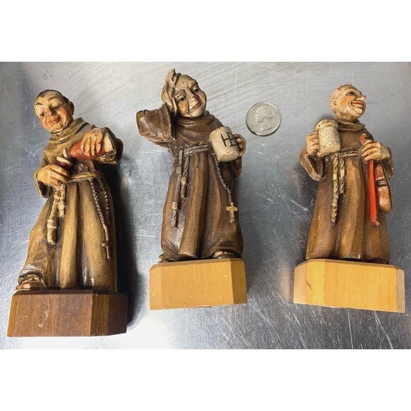 Vintage ANRI Signed Wooden Monks Friars: Rosary, Beer Mug & Violin –Italy HTF - Picture 8 of 10